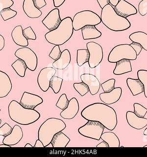 Handgezeichnetes Nahtmuster mit umrissem Champignon-Druck. Pinkfarbener Herbsterntedruck. Vektorgrafik für saisonale Textildrucke, Stoff, Stock Vektor