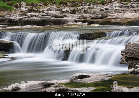 Lower Aysgarth Falls am Fluss Ure, in der Nähe von Leyburn, Wensleydale, Yorkshire Dales National Park, North Yorkshire, England, Großbritannien, Europa Stockfoto