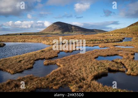 Northton Saltings, unterstützt von Ceapabhal, in der Nähe von Scarista, Isle of Harris, Äußere Hebriden, Schottland, Vereinigtes Königreich, Europa Stockfoto