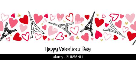 Romantisches handgezeichnetes Eiffel Tower nahtloses Muster, großer Valentinstag Hintergrund mit Doodle Herzen, ideal für Textilien, Banner, Tapeten, Wrapp Stock Vektor