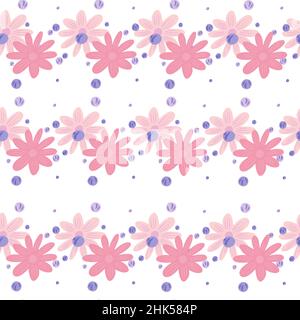 Isoliertes, nahtloses Blumenmuster mit niedlichen rosa Blüten-Elementen. Weißer Hintergrund. Handgezeichneter Stil. Flacher Vektordruck für Textil, Stoff, Gif Stock Vektor