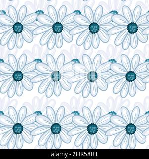 Einfaches, nahtloses Blumenmuster mit blauem konturiertem Gänseblümchen-Druck. Weißer Hintergrund. Handgezeichneter Stil. Abbildung des Bestandes. Vektordesign für Text Stock Vektor