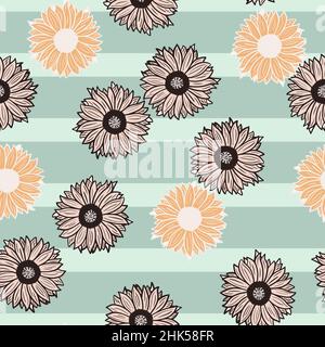 Nahtloses Muster Sonnenblumen blau Streifen Hintergrund. Schöne Textur mit verschiedenen Sonnenblumen und Blättern. Zufällige Blumenvorlage im Doodle-Stil für f Stock Vektor