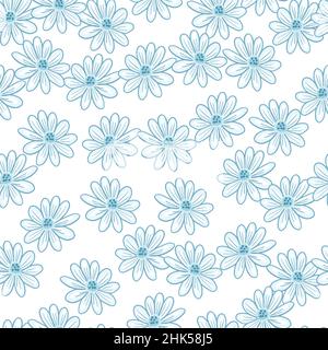 Isoliertes, nahtloses Muster mit zufällig blau konturierten Seidenblumen-Silhouetten. Weißer Hintergrund. Abbildung des Bestandes. Vektor-Design für Textil, Stoff Stock Vektor