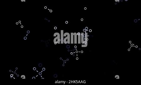 Konzept der Chemiewissenschaft mit kleinen Formeln, die chaotisch isoliert auf schwarzem Hintergrund fliegen. Animation. Moleküle verändern und transformieren Stockfoto