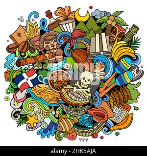 Dominikanische Republik handgezeichnete Cartoon Doodle Illustration. Lustiges Dominikanisches Design. Kreativer Vektor-Hintergrund mit nordamerikanischen Country-Elementen Stock Vektor