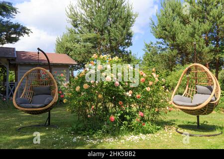 Romantische Sitzecke im Rosengarten, runder Holztisch und Stühle in der Nähe der großen blühenden Rosensträucher Stockfoto