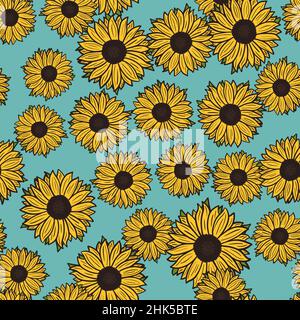 Nahtlose Muster Sonnenblumen auf blauem Hintergrund. Schöne Textur mit gelben Sonnenblumen und Blättern. Zufällige Blumenvorlage im Doodle-Stil für Stoff. Stock Vektor