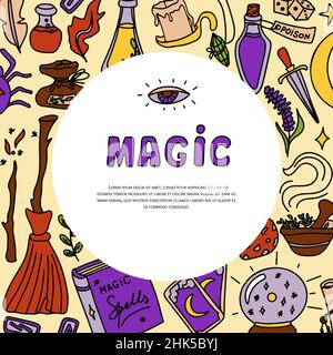 Magische handgezeichnete Doodle-Banner. Vektorsymbole von magischen Gegenständen. Kollektion halloween Elemente. Zauberbesen, Tränke, Wahrsagekarten, Runen, Bücher Stock Vektor