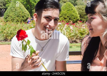 Kaukasischer junger hispanischer Latino-Mann, glücklich lächelnd mit einer Rose in der Hand in einem Park, im Freien, verliebt sich in ein Mädchen bei einem romantischen Date. Stockfoto