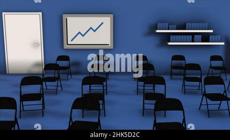 Interieur des Konferenzsaals in blauen Farben mit Stühlen, Tafel mit Grafik, Buchelfen und Tür. 3D Layout eines Raumes für Geschäftsseminare oder mich Stockfoto