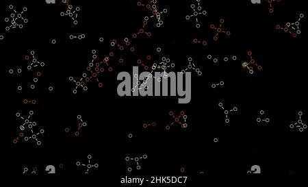 Konzept der Chemiewissenschaft mit kleinen Formeln, die chaotisch isoliert auf schwarzem Hintergrund fliegen. Animation. Moleküle verändern und transformieren Stockfoto