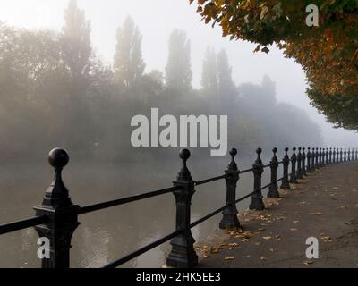 Blick auf die Themse in Abingdon von St. Helen's Wharf, einem berühmten Schönheitsplatz am Fluss an einem neblenden Herbstmorgen Stockfoto