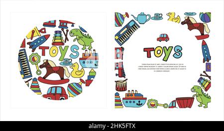 Vector Spielzeug Doodle Banner. Handzeichnen Karten mit Spielzeug Symbole für Baby-Dusche oder Scrapbook. Niedliche Illustration für Kinder Stock Vektor