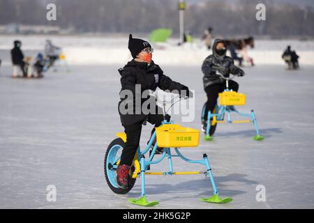 Harbin, Chinas Provinz Heilongjiang. 2nd. Februar 2022. Touristen haben Spaß in einem Eis- und Schneepark in Harbin, nordöstlich von Chinas Provinz Heilongjiang, 2. Februar 2022. Quelle: Zhang Tao/Xinhua/Alamy Live News Stockfoto