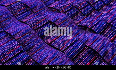 Schöne bewegte gewellte Linie Hintergrund in lila Farben, nahtlose Schleife. Animation. Technologisches Muster mit Computercodelinien Stockfoto