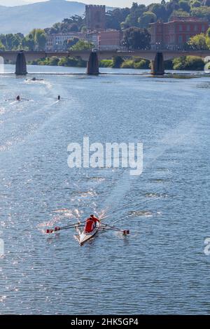 Zwei Männer in einem Motorschiff auf dem Fluss Arno in Florenz, Italien Stockfoto