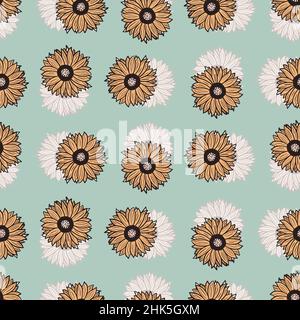 Nahtloses Muster Sonnenblumen blauer Hintergrund. Schöne Textur mit bunten Sonnenblumen und Blättern. Zufällige Blumenvorlage im Doodle-Stil für Stoff. Stock Vektor