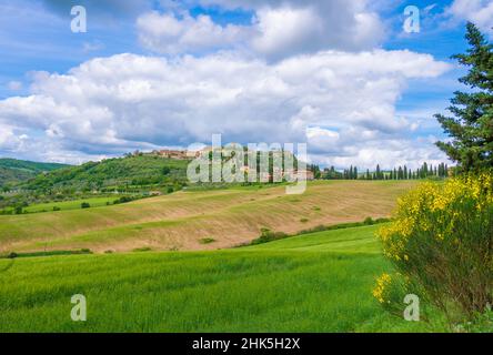 Monticchiello (Italien) - das wunderbare mittelalterliche und künstlerische Dorf der Toskana, in der Gemeinde Pienza, Val d'Orcia UNESCO-Stätte, im Frühjahr Stockfoto