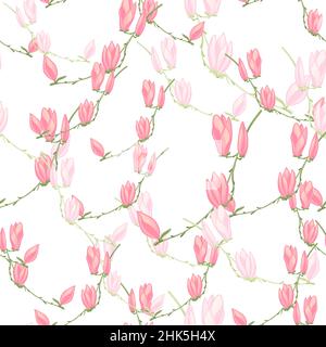 Nahtloses Muster Magnolien auf weißem Hintergrund. Schöne Textur mit Frühlingsblumen. Zufällige Blumenvorlage für Stoff. Vektorgrafik entwerfen. Stock Vektor