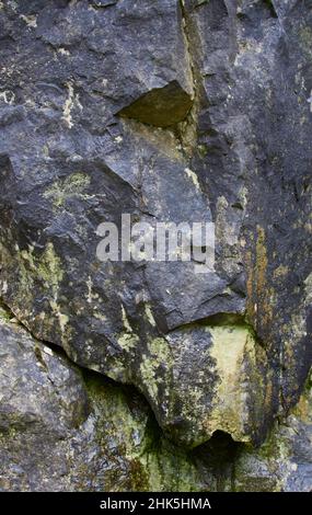 Formen und Narben in einem Gestein entstehen durch jahrelange Erosion, die wie ein menschliches Gesicht aussieht, Peak District, England, Großbritannien Stockfoto