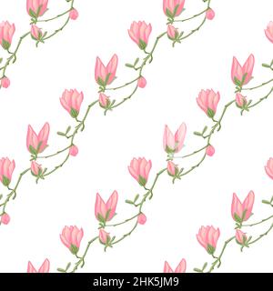 Nahtloses Muster Magnolien auf weißem Hintergrund. Schönes Ornament mit frühlingshaften rosa Blüten. Geometrische Blumenvorlage für Stoff. Konstruktionsvektor Abb. Stock Vektor