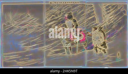 Inspiriert von „Braving Heavy Snows“, einem mutigen Offizier unseres Armeescouts im Feindgebiet, Taguchi Beisaku, Japanisch, 1864–1903, Watanabe Yatarō, Japanisch, 1850–1913, Meiji-Periode, 1868–1912, Nakajima, Japanisch, aktiv Ende 19th Jahrhundert, Mizuno Asajirō, Japanisch, aktiv Ende 19th Jahrhundert, 1895, Triptychon von, neu erfunden von Artotop. Klassische Kunst neu erfunden mit einem modernen Twist. Design von warmen fröhlichen Leuchten der Helligkeit und Lichtstrahl Strahlkraft. Fotografie inspiriert von Surrealismus und Futurismus, umarmt dynamische Energie der modernen Technologie, Bewegung, Geschwindigkeit und Kultur zu revolutionieren Stockfoto