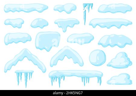 Vector Set aus Schneekappen, Haufen, Eiszapfen, Schneeball und Schneeverwehungen. Saisonale Elemente, Winterdekorationen, Schneestruktur, Dächer im Schnee. Vektordarstellung auf weißem Hintergrund isoliert. Stock Vektor