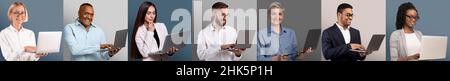 Multiethnische Geschäftsleute in formeller Kleidung verwenden Laptops über pastellfarbenen Studiohintergründen, Collage Stockfoto