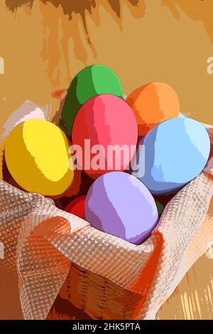 Illustration von bunten Ostereiern in einem Korb auf Holzkulisse Stockfoto