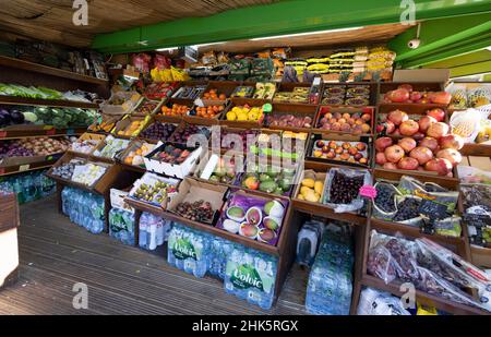 Greengrocers London; ein farbenfrohes, unabhängiges Lebensmittelgeschäft für Gemüsehändler, das Obst- und Gemüsefutter verkauft, Islington, London, Großbritannien Stockfoto