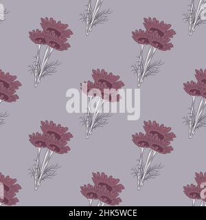Nahtloses Muster Kamille auf grauem Hintergrund. Schöne Ornament Sommer violetten Blüten. Geometrische Texturvorlage für Stoff. Design-Vektor-Illust Stock Vektor