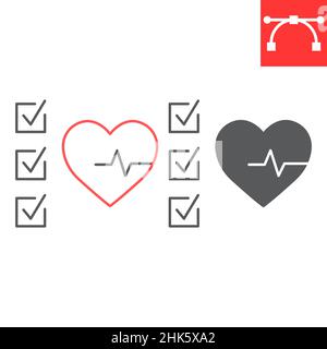 Health Check Line und Glyph Icon, Diagnose und Herzschlag, Vektorsymbol für medizinische Berichte, Vektorgrafiken, bearbeitbares Konturumrisszeichen, eps 10. Stock Vektor