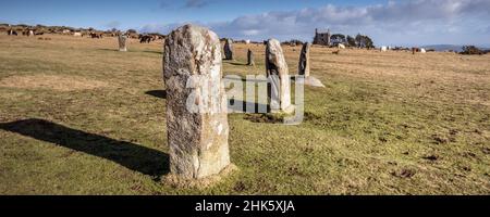 Ein Panoramabild des frühen Nachmittagslichts über dem spätneolithischen frühbronzezeitlichen Stehstein The Hurlers auf den Minion Downs auf dem robusten Bodmin M Stockfoto