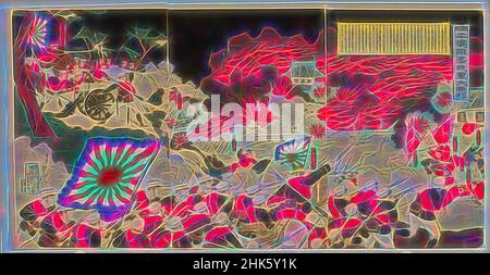 Inspiriert durch den großen Sieg unserer Armee beim Sturz von Pjöngjang in Korea, Mōsai Shungyō, Japaner, aktiv 1882–1905, Meiji-Zeit, 1868–1912, Katada Chōjirō, japanisch, aktiv Ende 19th–Anfang 20th Jahrhundert, 1894, Triptychon von Farbholzschnitten, hergestellt in Japan, Asien, Drucke, Triptychon wie montiert: 14 5, neu erfunden von Artotop. Klassische Kunst neu erfunden mit einem modernen Twist. Design von warmen fröhlichen Leuchten der Helligkeit und Lichtstrahl Strahlkraft. Fotografie inspiriert von Surrealismus und Futurismus, umarmt dynamische Energie der modernen Technologie, Bewegung, Geschwindigkeit und Kultur zu revolutionieren Stockfoto