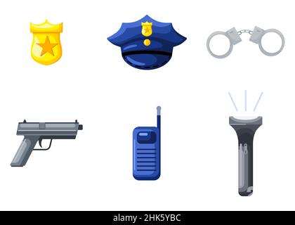 Setzen Sie Polizei in flachem Stil auf weißem Hintergrund. Detective Elements Walkie-Talkie, Handschellen, Abzeichen, Kappe, Taschenlampe, Pistole. Vektorgrafik Stock Vektor