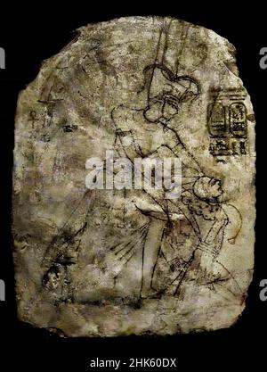 Stela, die Sethy I und einen Wesir darstellt, der Amenhotep I und Ahmose Nefertari anbetend, Stein/Kalkstein, 56 x 75,5 x 14 cm, 1279–1213 v. Chr., New Kingdom, 19th, neunzehnte Dynastie, Ramesses II, Deir el-Medina, Ägypten (Museo Egizio di Torino Italien) Stockfoto