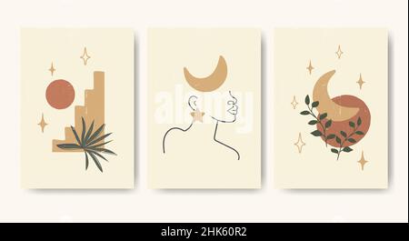 Botanischer Druck, minimalistisch bedruckbare Wandbilder, abstraktes Wohndekor, Bohemian-Kunstwerke mit Blumendruck. Abstrakt modern modern trendy Vektor ill Stockfoto