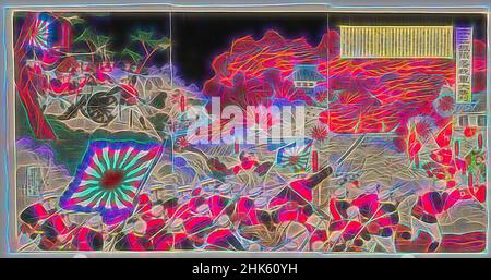 Inspiriert vom großen Sieg unserer Armee beim Sturz der Festung Niuzhuang, Mōsai Shungyō, Japaner, aktiv 1882–1905, Meiji-Zeit, 1868–1912, Katada Chōjirō, japanisch, aktiv Ende 19th–Anfang 20th Jahrhundert, 1894, Triptychon von Farbholzschnitten, hergestellt in Tokio, Japan, Asien, Triptychon As Mounted, neu erfunden von Artotop. Klassische Kunst neu erfunden mit einem modernen Twist. Design von warmen fröhlichen Leuchten der Helligkeit und Lichtstrahl Strahlkraft. Fotografie inspiriert von Surrealismus und Futurismus, umarmt dynamische Energie der modernen Technologie, Bewegung, Geschwindigkeit und Kultur zu revolutionieren Stockfoto