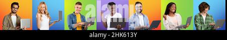 Reihe von verschiedenen Menschen mit Laptop-Computern, Surfen im Internet auf verschiedenen bunten Hintergründen, Panorama, Collage Stockfoto