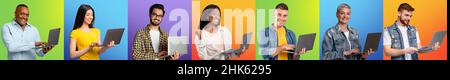 Collage von Kopfaufnahmen mit verschiedenen Männern und Frauen mit Computern über verschiedenen farbigen Studiohintergründen, Panorama Stockfoto