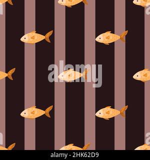 Nahtloses Muster Fisch auf Streifen brauner Hintergrund. Modernes Ornament mit Meerestieren. Geometrische Vorlage für Stoff. Vektorgrafik entwerfen. Stock Vektor