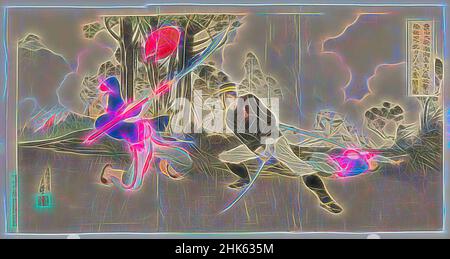 Inspiriert von Captain Kurita, der in The Attack on Magong Fortress in the Pescadore Islands wütend mit seinem berühmten Schwert kämpfte, das von Sukesada geschmiedet wurde, Migita Toshihihide, Japanerin, 1863–1925, Meiji-Zeit, 1868–1912, Matisuno Yonejirō, japanisch, aktiv Ende 19th. Jahrhundert, 1895, Triptychon des Farbholzschnitts, neu erfunden von Artotop. Klassische Kunst neu erfunden mit einem modernen Twist. Design von warmen fröhlichen Leuchten der Helligkeit und Lichtstrahl Strahlkraft. Fotografie inspiriert von Surrealismus und Futurismus, umarmt dynamische Energie der modernen Technologie, Bewegung, Geschwindigkeit und Kultur zu revolutionieren Stockfoto