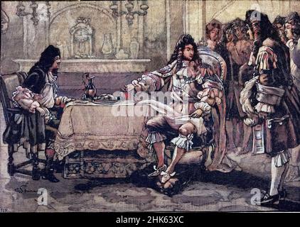 Louis XIV faisant souper Moliere : sous le regard de ses courtisans Louis XIV convie Jean Baptiste Poquelin dit Moliere a sa table pour le Diner. Gravure in 'La Cuisine des familles' de 1905-1908 Stockfoto