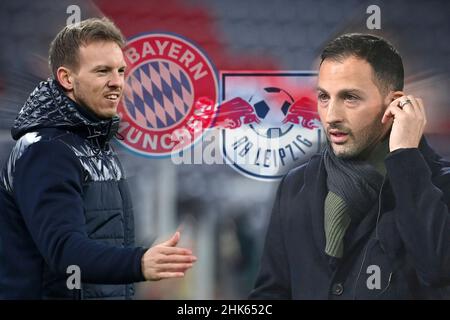 München, Deutschland. 02nd. Februar 2022. FOTOMONTAGE: Vorschau auf das Bundesliga-Spiel FC Bayern München-RB Leipzig. Trainer Julian NAGELSMANN (FC Bayern München) und Domenico TEDESCO (Trainer Leipzig) treffen sich mit ihren Teams, Quelle: dpa/Alamy Live News Stockfoto
