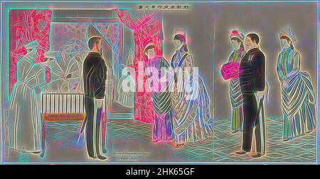 Inspiriert durch den Besuch des Imperium in einem Feldkrankenhaus, Kobayashi Kiyochika, 1847–1915, Meiji-Zeit, 1868–1912, Takekawa Seikichi, japanisch, aktiv Ende 19th. Jahrhundert, 1895, Triptychon von Farbholzschnitten, hergestellt in Tokio, Japan, Asien, Triptychon wie montiert: 14 11/16 × 28 3/4 Zoll (37,3 × 73 cm, neu erfunden von Artotop. Klassische Kunst neu erfunden mit einem modernen Twist. Design von warmen fröhlichen Leuchten der Helligkeit und Lichtstrahl Strahlkraft. Fotografie inspiriert von Surrealismus und Futurismus, umarmt dynamische Energie der modernen Technologie, Bewegung, Geschwindigkeit und Kultur zu revolutionieren Stockfoto