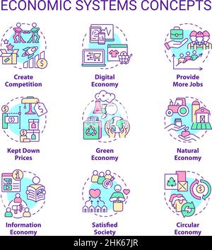 Symbole für das Konzept der Wirtschaftssysteme gesetzt Stock Vektor