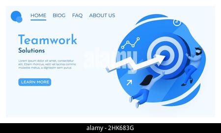 Landing Page. Geschäftsteam mit wachsendem Pfeil, der ein Ziel erreicht. Geschäftserfolg. 3D Comic-Figuren. Vektorgrafik Stock Vektor