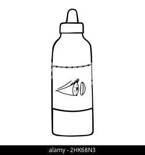 Flüssigkeit für Linsen, die auf weißem Hintergrund isoliert sind. Augenhygieneprodukt im Doodle-Stil. Outline Design optisches Element . Vektorgrafik. Stock Vektor