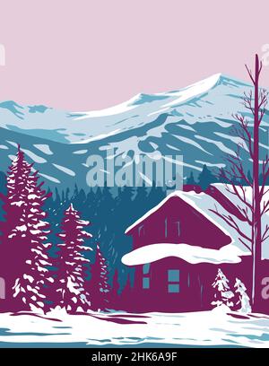 Breckenridge mit Tenmile Range in den Rocky Mountains im Winter in Colorado WPA Poster Art Stockfoto